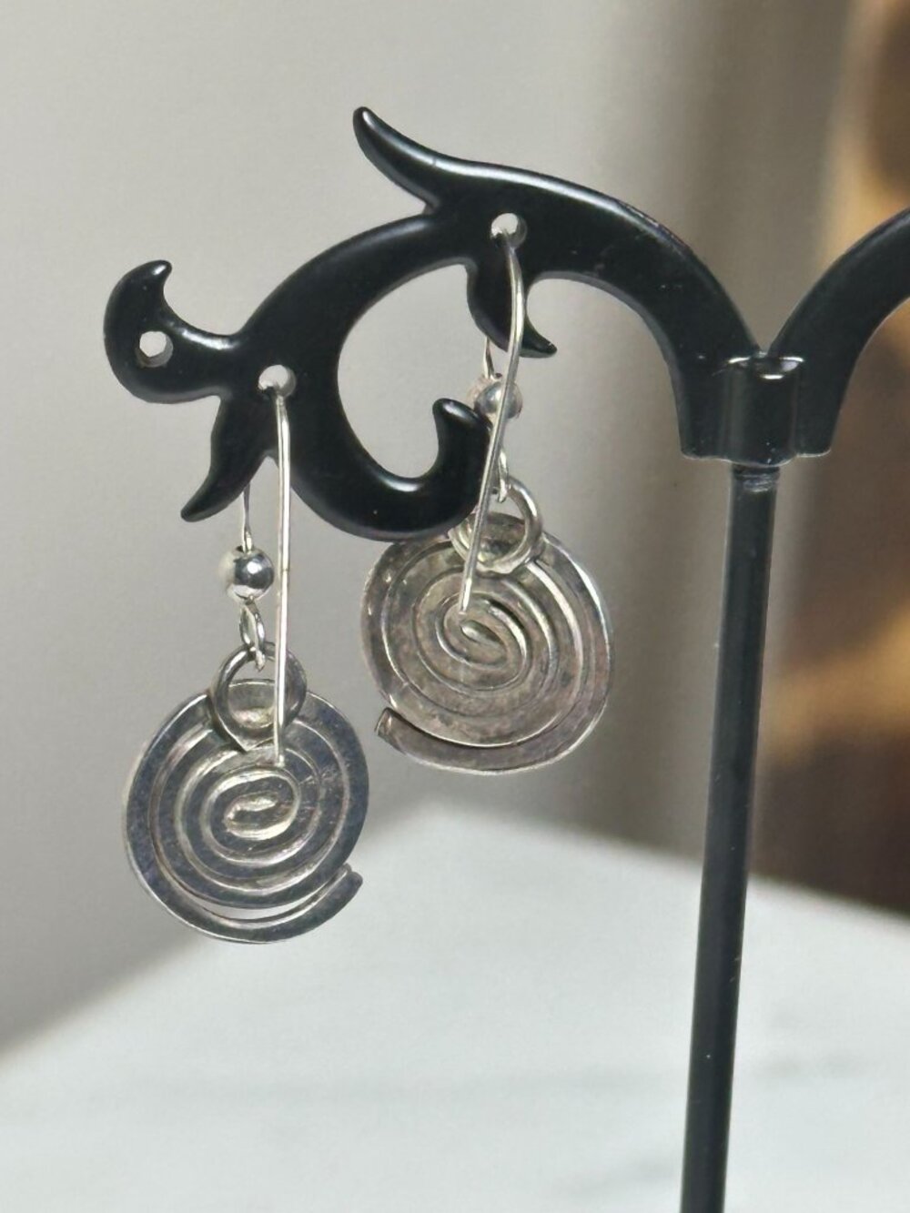 Vintage Turquoise Dangle Dainty Earrings Silver Spiral Disc Drop Earrings Boho - Picture 3 of 5